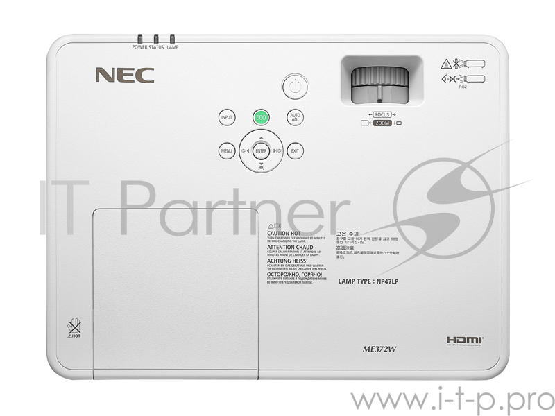 Проектор NEC ME372W 3LCD, 3700 ANSI lumen, WXGA, 16000:1, лампа 15000 ч.(Eco mode), HDMI x2, VGAin, VGAout, USB A, USB B, 1 x RCA, RJ45, RS232, Audio in, Audio out, 16Вт моно, 3.1 кг