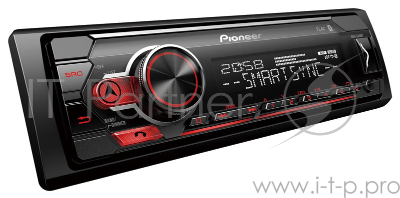 PIONEER MVH-S410BT (2019 Автомобильный CD / MP3 / USB ресивер, 4X50 Вт, Bluetooth, 2RCA, iPhone, Android, FLAC (96кГц/24бит), караоке, 13-полосный эквалайзер, временные задержки, красная подсветка кнопок, приложение Pioneer SmartSync (управление со с