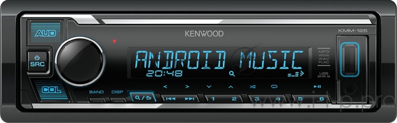 Аудиомагнитола KENWOOD KMM-125 (2019, Тюнер/USB/AUX, раздельная изменяемая подсветка кнопок и дисплея, двухстрочный дисплей, FLAC/WAV/MP3/WMA, Android, 2 пары линейных выходов, 3-полосный параметрический эквалайзер, короткий корпус 100мм, кнопка прям