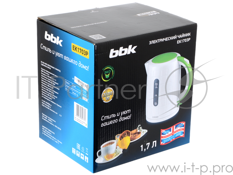 Чайник электрический BBK EK1703P 2200Вт, 1,7литра, пластик, дисковый нагр. элемент, Английский контроллер,белый/зеленый