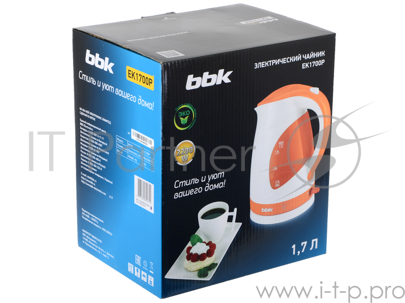 Чайник электрический BBK EK1700P 2200Вт, 1,7литра, пластик, дисковый нагр. элемент, LED подсветка, белый/фиолетовый