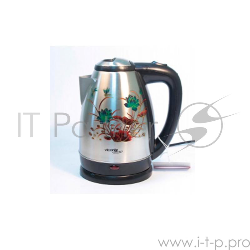Чайник VICONTE VC-3257 нержавейка(Мощность 2000Вт. Объем 2 л. Закрытый нагреват. элемент. Вращение чайника на 360°. Корпус из нерж. стали с термо-рисунком (меняет цвет при нагревании). Световой индикатор работы, кнопка открытия крышки. Цвет черный.)
