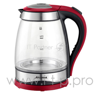 Чайник электрический АКСИНЬЯ КС-1004, стекло, черный с красным: 2200Вт, 1,8л (Россия)(12)