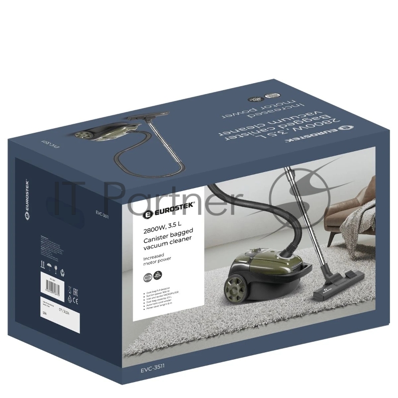 Пылесос EUROSTEK EVC-3511 Тип уборки: сухая.Тип пылесборника: мешок.Потребляемая мощность: 2400 Вт.Длина сетевого шнура: 5 м.Объем: 3,5 л.Регулятор мощности: есть.Труба всасывания: телескопическая.Мощность всасывания: 420 Вт