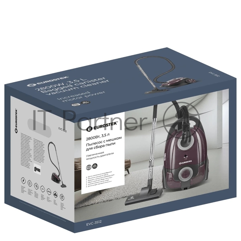 Пылесос EUROSTEK EVC-3512 Тип уборки: сухая.Тип пылесборника: мешок.Потребляемая мощность: 2400 Вт.Длина сетевого шнура: 5 м.Объем: 3,5 л.Регулятор мощности: есть.Труба всасывания: телескопическая.Мощность всасывания: 420 Вт