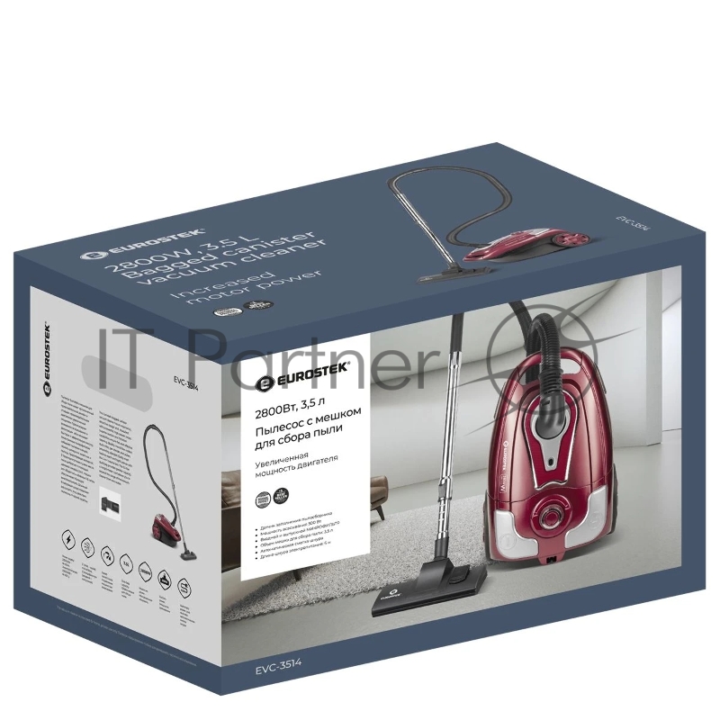 Пылесос EUROSTEK EVC-3514 • Потребляемая мощность – 2600 Вт• Мощность всасывания – 450 Вт• Телескопическая металлическая трубка и щетка для пола• Пылесборник тканевый, емкость – 3,5 л • Функция регулировки скорости• Индикатор заполнения пылесборника•
