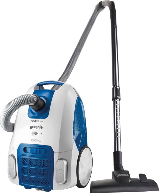 Пылесос Gorenje VC1821PSWBU Максимальная потребляемая мощность: 1800Вт, Мощность всасывания: 360 Вт, Объем мешка для пыли: 3 л, Цвет: Белый, Слайдерный переключатель мощности, Тип трубки: Телескопическая трубка, Материал трубки: Металлическая трубка,