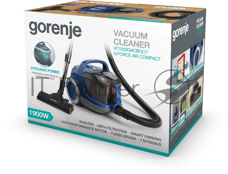Пылесос Gorenje VC1903GACBUCY Мощность подключения:1900Вт, Тип пылесборника: Контейнер, Объем контейнера: 2,2л, Телескопическая металлическая трубка, Насадка 2 в 1, Умная парковка, Радиус действия: 7м, Прорезиненные колесики, Фильтрация HEPA, Универс