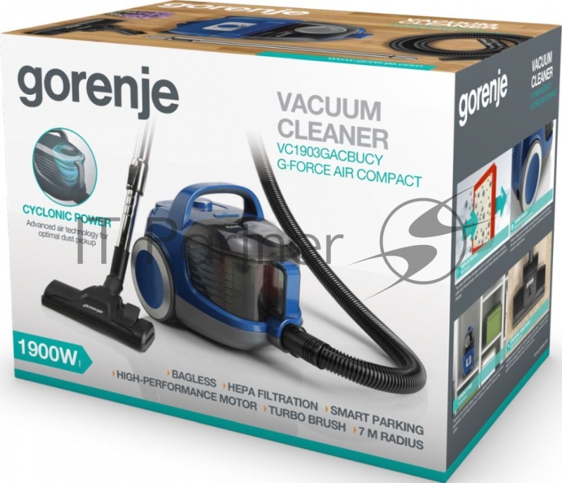 Пылесос Gorenje VC1903GACBUCY Мощность подключения:1900Вт, Тип пылесборника: Контейнер, Объем контейнера: 2,2л, Телескопическая металлическая трубка, Насадка 2 в 1, Умная парковка, Радиус действия: 7м, Прорезиненные колесики, Фильтрация HEPA, Универс