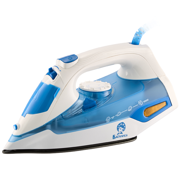 ВАСИЛИСА У4-2000 белый с голубым (Мощность 2000Вт. Подошва с антипригарным покрытием. Терморегулятор. 3 рабочих режима: сухое глажение, отпаривание, разбрызгивание воды. Регулировка степени отпаривания. Вертик. отпарив-е. Паровой удар. Самоочистка.)