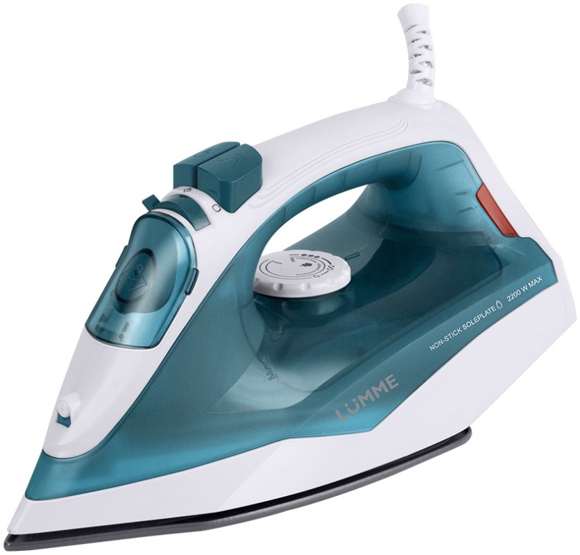 Утюг LUMME LU-1126 голубая бирюза2200W рабочая поверхность 21см c тефлоновым покрытием, 3 режима работы: сухое глажение, отпаривание и разбрызгивание, подача пара 35г/мин, вертикальный паровой удар 70г/мин, индикатор работы, стаканчик в комплекте
