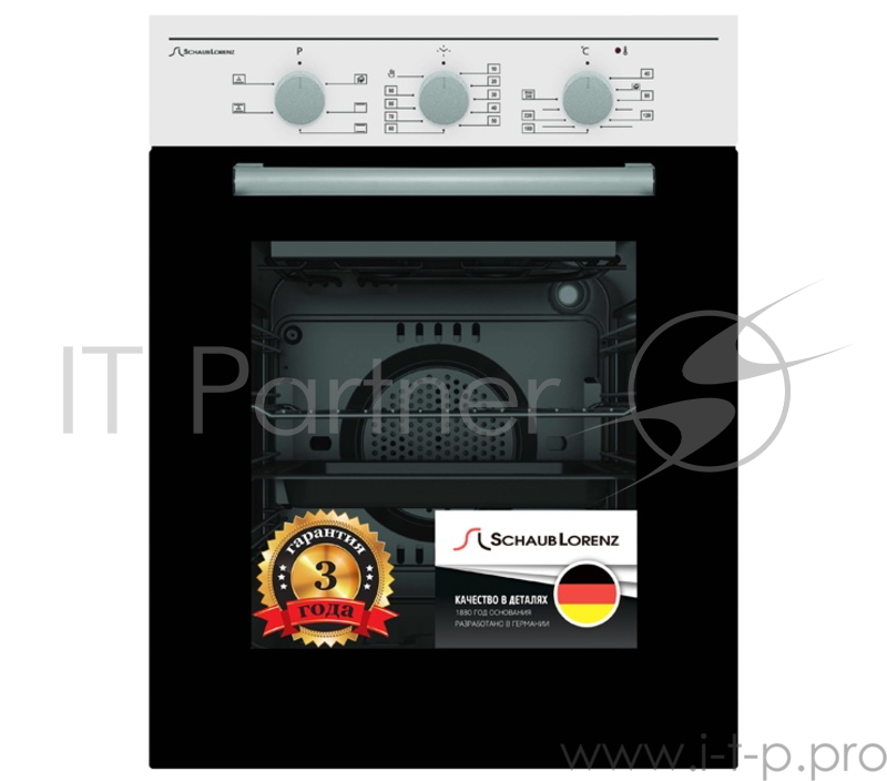 Встраиваемые электрические духовки Schaub Lorenz 59.5х45x61 см, 45л, 6 режимов работы, механические переключатели, механический таймер 90мин, цвет ручек нержавеющая сталь, белая