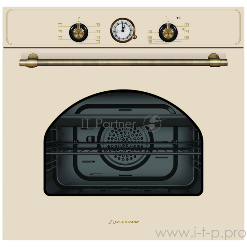 Встраиваемые электрические духовки Schaub Lorenz 59.5х59.5x61 см, 61л, 8 режимов работы, механические переключатели, овый таймер, 1 ряд телескопических направляющих, цвет ручек-бронзовый, бежевый рустик