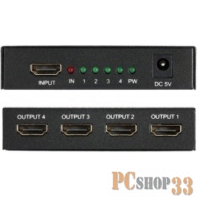 Переходник ORIENT HDMI Splitter HSP0104N, 1-4, HDMI 1.4/3D, HDTV1080p/1080i/720p, HDCP1.2, внешний БП-зарядник 2xUSB 5В/2.1A, метал.корпус (30367)