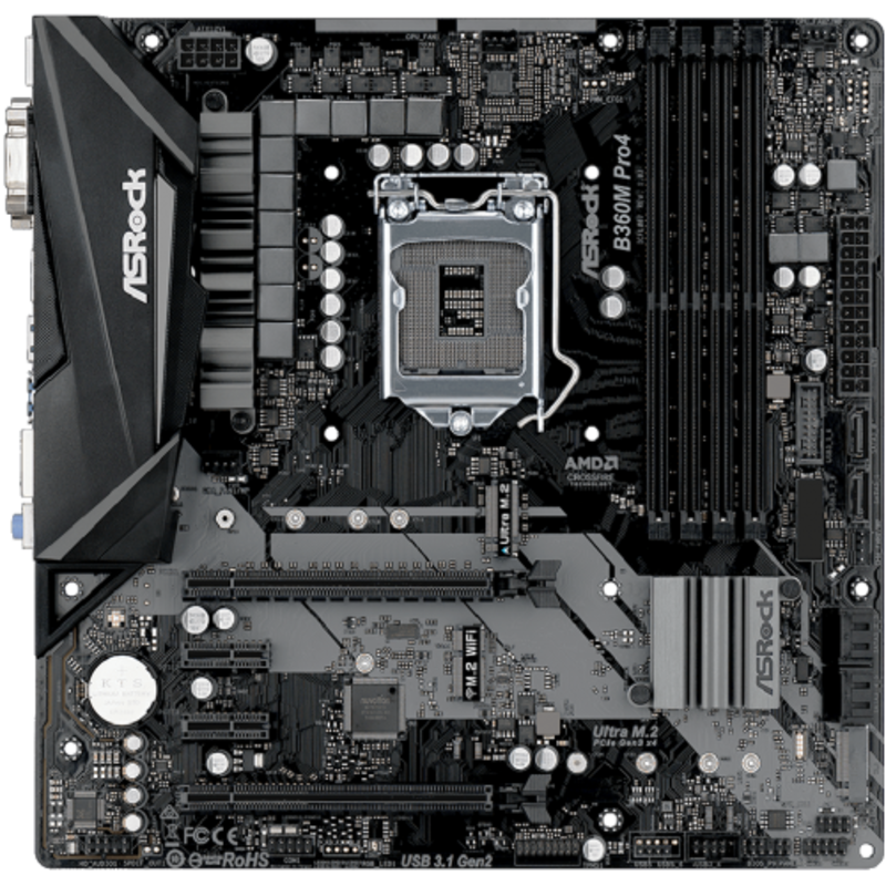 Материнская плата B360M PRO4, Socket 1151, Intel®B360, 4xDDR4-2666, D-SUB+DVI+HDMI, 2xPCI-Ex16, 2xPCI-Ex1, 6xSATA3, 2xM.2, 8 Ch Audio, GLan, (2+4)xUSB2.0, (3+2)xUSB3.1, 1xUSB3.1 Type-C™, 2xPS/2, mATX, RTL {20}