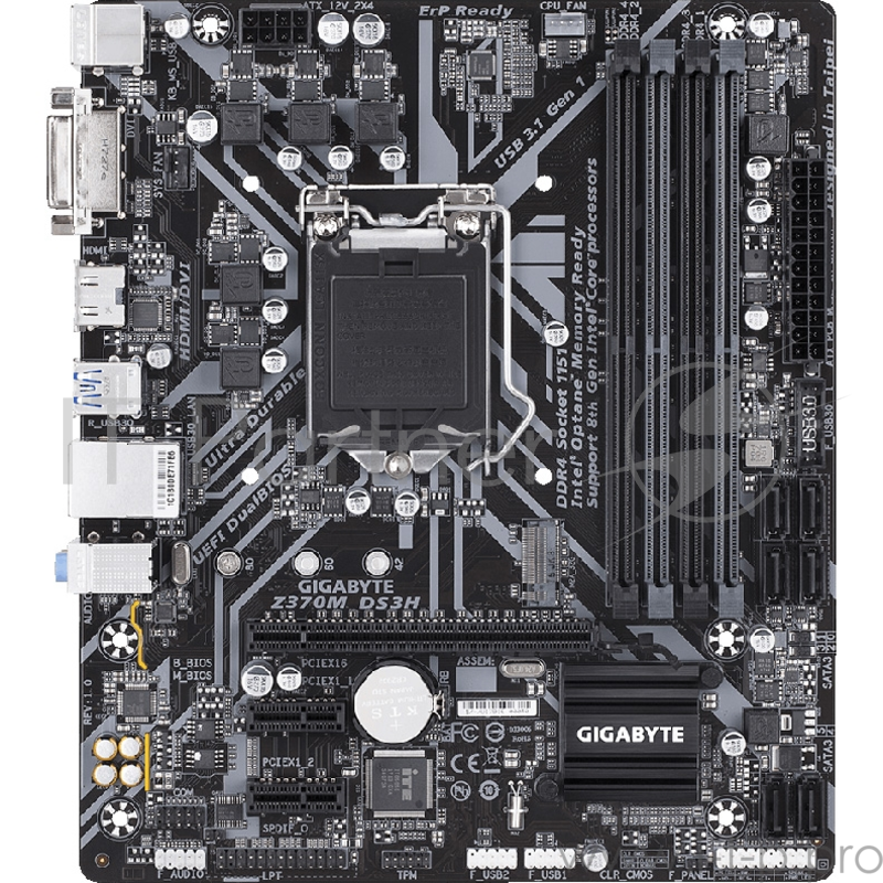 Материнская плата Z370M DS3H, Socket 1151, Intel®Z370, 4xDDR4-2666, DVI-D+HDMI, 1xPCI-Ex16, 2xPCI-Ex1, 6xSATA3(RAID 0/1/5/10), 1xM.2, 8 Ch Audio, GLan, (2+4)xUSB2.0, (4+2)xUSB3.1, 1xPS/2, mATX, RTL, {10}