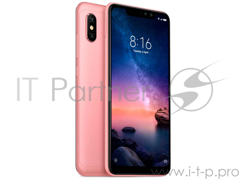 Смартфон Xiaomi Redmi Note 6 Pro Rose Gold (M1806E7TG), 6.26'' 19:9 2280x1080, 1.8GHz, 8 Core, 4GB RAM, 64GB, up to 256GB flash, 12Mpix+5Mpix/20Mpix+2Mpix, 2 Sim, 2G, 3G, LTE, BT v5.0, Wi-Fi, GPS/AGPS/GLONASS/BDS/Galileo, Micro-USB, 4000mAh, 157.9x7