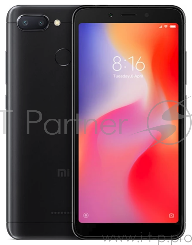 Смартфон Xiaomi Redmi 6 Black (M1804C3DG), 5.45'' 18:9 1440x720, 2.0GHz, 8 Core, 3GB RAM, 64GB, up to 256GB flash, 12Mpix+5Mpix/5Mpix, 2 Sim, 2G, 3G, LTE, BT v4.2, Wi-Fi, GPS, Glonass, 3000mAh, 146g, 147.5x71.5x8.3