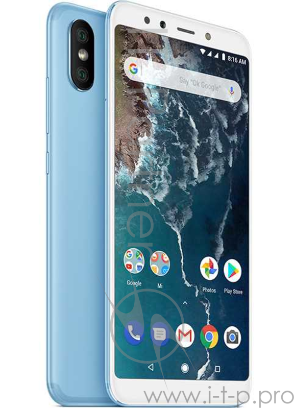 Смартфон Xiaomi Mi A2 Blue (M1804D2SG), 5.99'' 18:9 2160x1080, 2.2GHz+1.8GHz, 8 Core, 4GB RAM, 64GB, 12MPx+20MPx/20Mpix, 2 Sim, 2G, 3G, LTE, BT v5.0, Wi-Fi, GPS / AGPS, GLONASS, Type-C, 3010mAh, Android One, 168g, 158.7x75.4x7.3