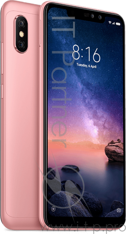 Смартфон Xiaomi Redmi Note 6 Pro Rose Gold (M1806E7TG), 6.26'' 19:9 2280x1080, 1.8GHz, 8 Core, 3GB RAM, 32GB, up to 256GB flash, 12Mpix+5Mpix/20Mpix+2Mpix, 2 Sim, 2G, 3G, LTE, BT v5.0, Wi-Fi, GPS/AGPS/GLONASS/BDS/Galileo, Micro-USB, 4000mAh, 157.9x76