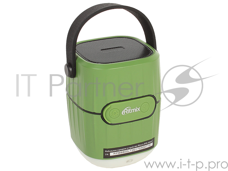 Зарядное устройство RITMIX RPB-8800LT зеленый/черный (POWER BANK + КОЛОНКА + ЛАМПА), питание - литий-ионный аккумулятор, емкость аккумулятора - 8800 мАч, индикатор заряда, защита IP65, функция лампы (3 режима), встроенный спикер (Bluetooth 4.1 / 3 Вт