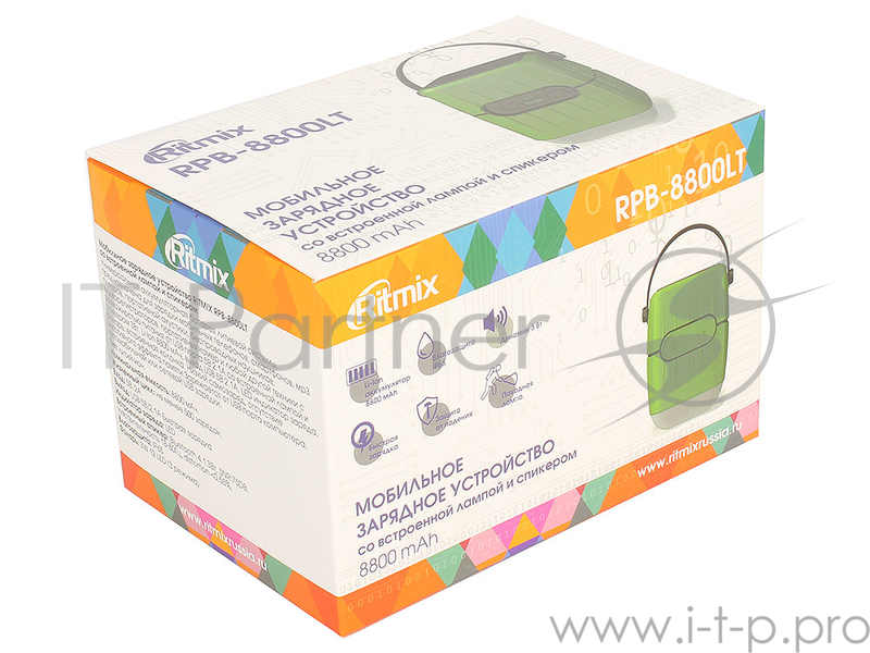 Зарядное устройство RITMIX RPB-8800LT зеленый/черный (POWER BANK + КОЛОНКА + ЛАМПА), питание - литий-ионный аккумулятор, емкость аккумулятора - 8800 мАч, индикатор заряда, защита IP65, функция лампы (3 режима), встроенный спикер (Bluetooth 4.1 / 3 Вт
