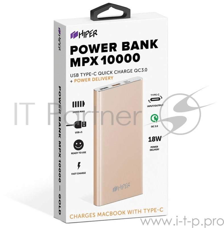 Мобильный аккумулятор Hiper MPX10000 Li-Pol 10000mAh 2.4A+3A+3A золотистый 2xUSB