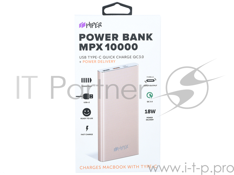 Мобильный аккумулятор Hiper MPX10000 Li-Pol 10000mAh 2.4A+3A+3A золотистый 2xUSB