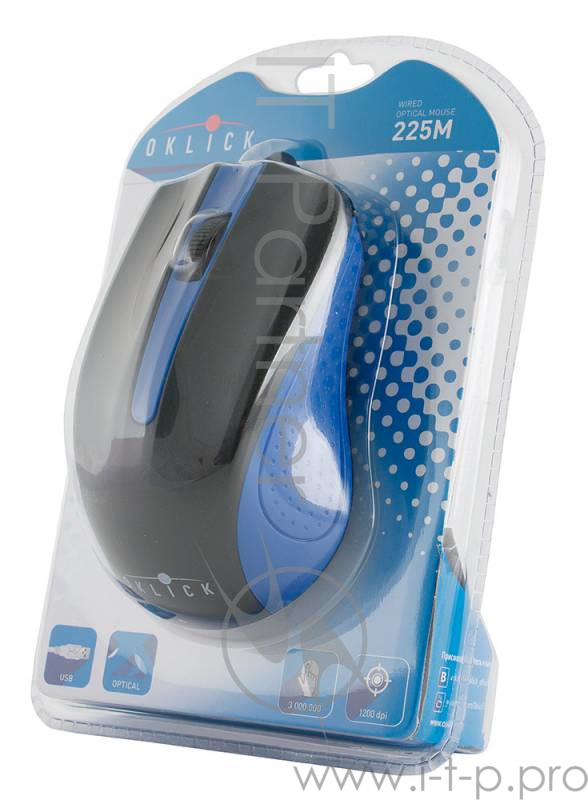 Мышь Oklick 225M черный/синий оптическая (1200dpi) USB (2but)