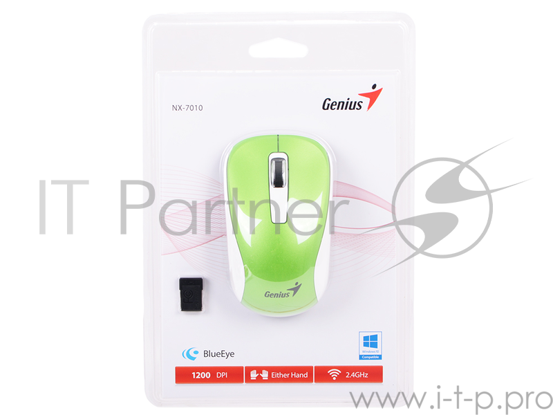 Мышь Genius беспроводная NX-7010 (светло-зелёный металлик, BlueEye 1200dpi)