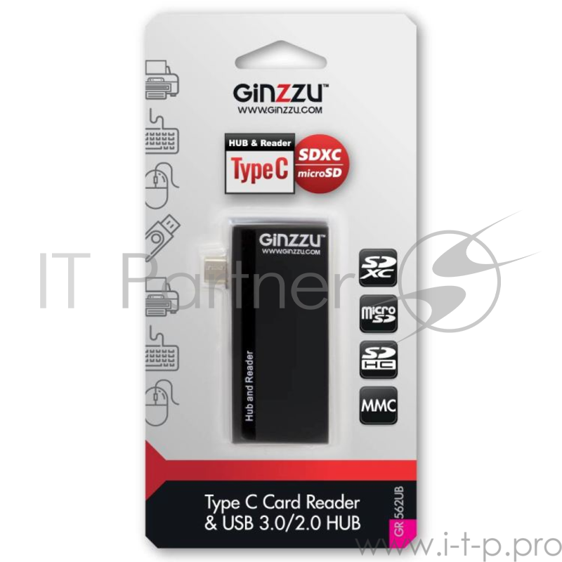 Универсальный OTG картридер Ginzzu GR-562UB, Type C , SD/SDXC/SDHC/MMC, 2 слота - microSDXC/SDXC/SDHS + 1 порт USB 3.0 + 1 порт USB 2.0, микроUSB порт