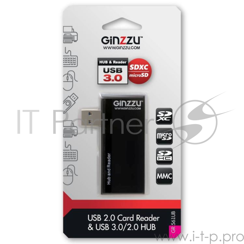 Картридер универсальный Ginzzu GR-561UB USB 2.0, SD/SDXC/SDHC/MMC, 2 слота - microSDXC/SDXC/SDHS + порт USB 3.0 + порт USB 2.0, микроUSB порт для доп.
