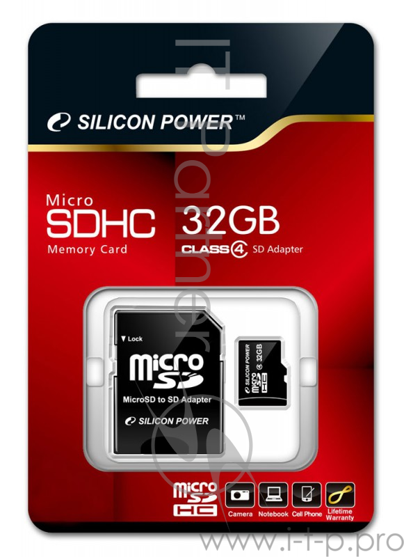 Флеш карта microSDHC 32Gb Class4 Silicon Power SP032GBSTH004V10-SP + adapter