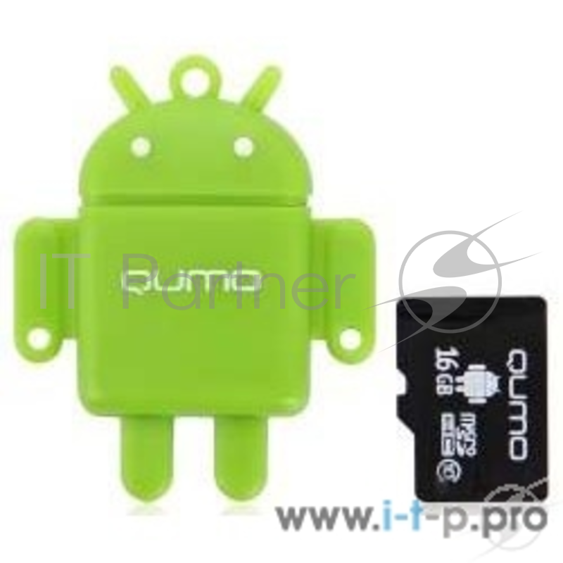 Карта памяти Micro SecureDigital 16Gb QUMO QM16GCR-MSD10-FD-GRN {MicroSDHC Class 10, USB картридер, Green}