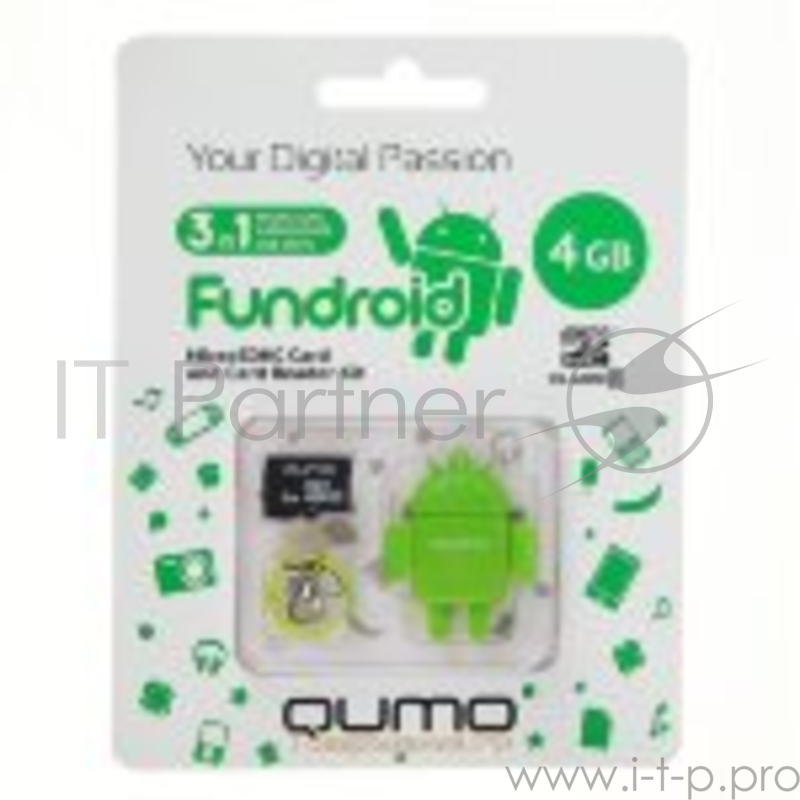 Карта памяти Micro SecureDigital 4Gb QUMO (QM4GCR-MSD10-FD-GRN) CL10 + USB картридер FUNDROID Green