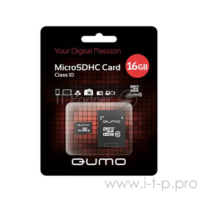 Карта памяти QUMO MicroSDHC 16GB Сlass 10 с адаптером SD, черно-красная картонная упаковка