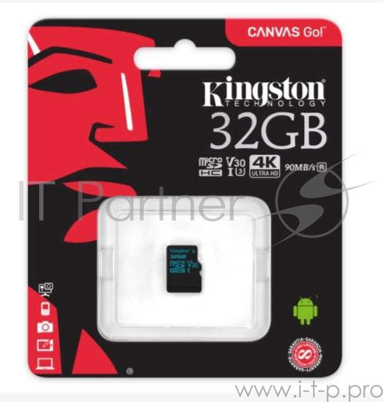 Флеш карта microSD 32GB Kingston microSDHC Class UHS-I U3 V30 Canvas Go 45MB/s