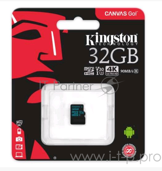 Флеш карта microSD 32GB Kingston microSDHC Class UHS-I U3 V30 Canvas Go 45MB/s
