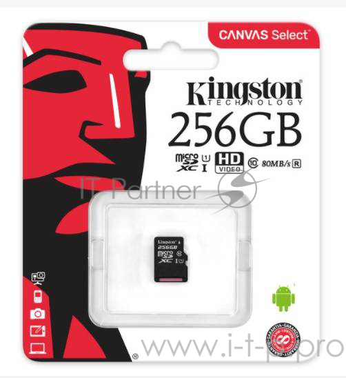 Флеш карта microSD 256GB Kingston microSDXC Class 10 UHS-I U1 Canvas Select 80MB/s