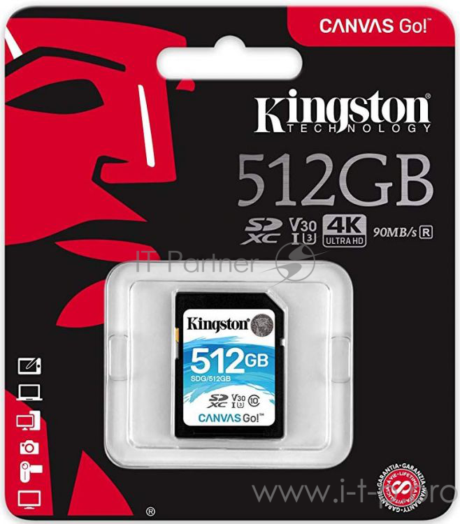 Флеш карта SDHC 512Gb Class10 Kingston <SDG/512GB>, Canvas Go 90R/45W CL10 U3 V30