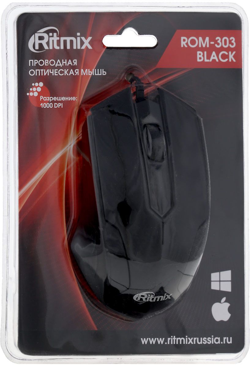Мыши RITMIX ROM-303 Gaming Black USB {Провод, 1000 DPI, Кнопки: 2+1 колесо-кнопка, Длина кабеля:135 см., блистер}