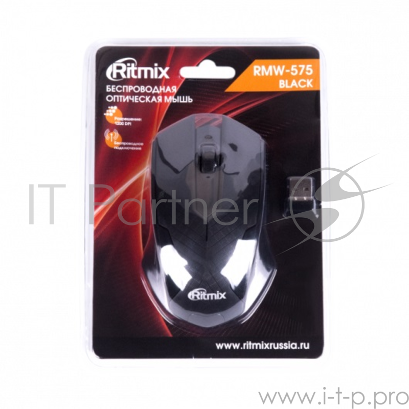 Мыши RITMIX RMW-575 Black USB {Беспроводн., разрешение: 1200 DPI, кнопки: 2+1 колесо-кнопка, совместимость: Windows, Mac OS, питание: 2*AAA}