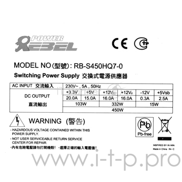 Блок питания INWIN 450W OEM IP/RB-S450HQ7-0 H 6100469 ATX v2.2 (12cm fan) RB Haswell