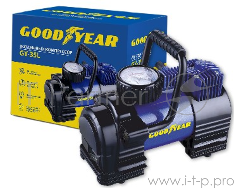 Компрессор GOODYEAR GY000102 GY-35L 35 л/мин Мощность - 168 Вт, Производительность - 35 л/мин, Максимальное токопотребление - 14 А, Максимальное давление - 7 Атм, Длина провода питания: 3 м, Длина воздушного шланга: 1 м. Сумка и набор переходников в