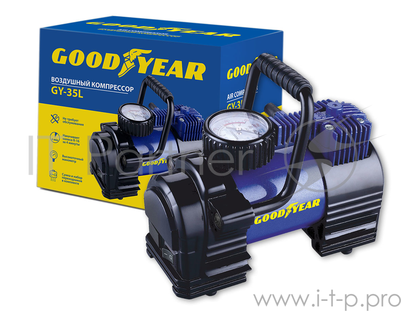 Компрессор GOODYEAR GY000102 GY-35L 35 л/мин Мощность - 168 Вт, Производительность - 35 л/мин, Максимальное токопотребление - 14 А, Максимальное давление - 7 Атм, Длина провода питания: 3 м, Длина воздушного шланга: 1 м. Сумка и набор переходников в