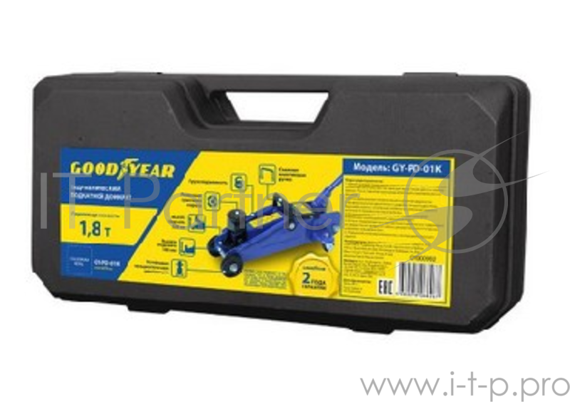 Домкрат GOODYEAR GY000902 GY-PD-01K 1,8Т 320 мм кейс с резиновой проставкой порога Гидравлический подкатной домкрат Goodyear GY-PD-01K 1,8Т 320 мм кейс с резиновой проставкой порога
