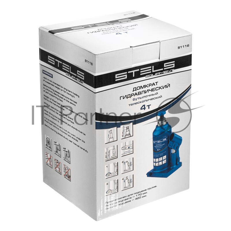 Домкрат STELS 51116 гидравлический бутылочный телескопический 4 т h подъема 170–420мм