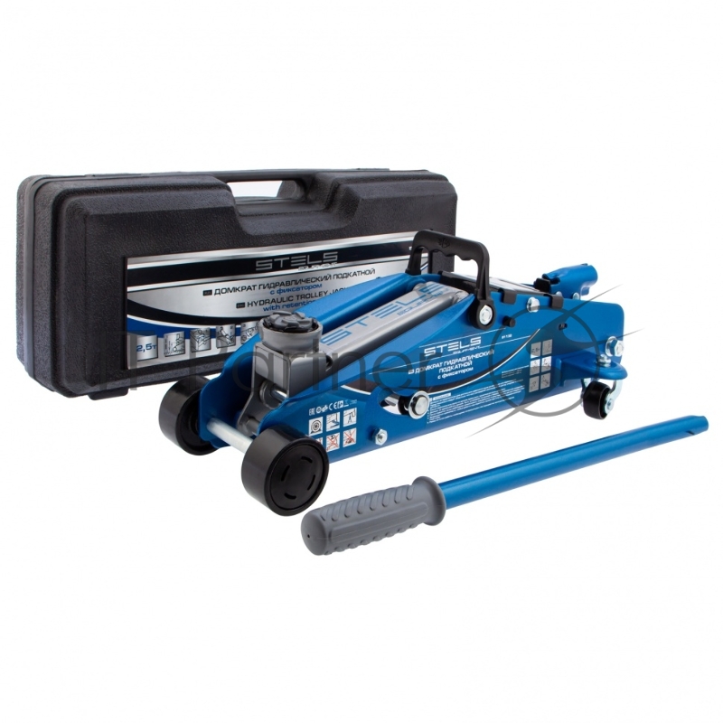 Домкрат STELS 51132 гидравлический подкатной с фиксатором 2.5 т safety pin 140-385мм в кейсе