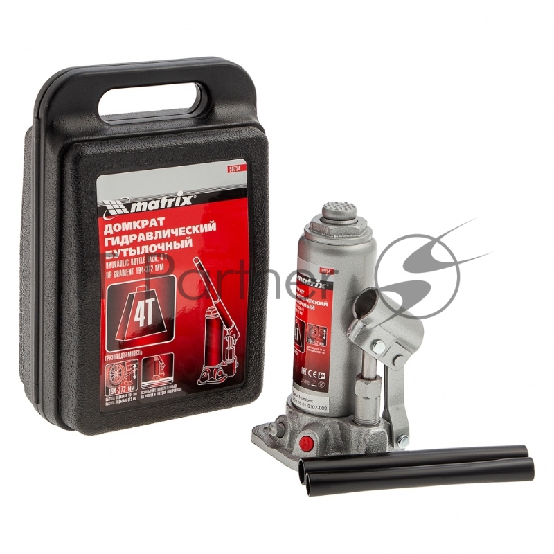 Домкрат MATRIX 50754 гидравлический бутылочный 4 т h подъема 194–372мм в пласт. кейсе master