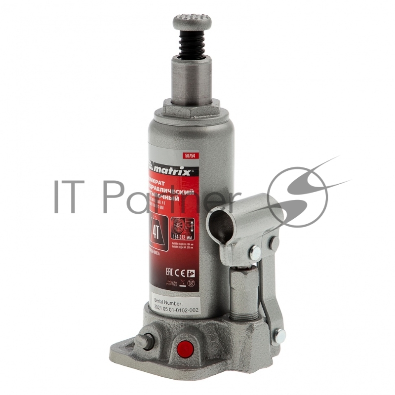Домкрат MATRIX 50754 гидравлический бутылочный 4 т h подъема 194–372мм в пласт. кейсе master